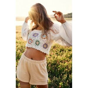 Aerie Crochet Crop Top Balloon Sleeve White Boho‎ Cottagecore Festival Top M